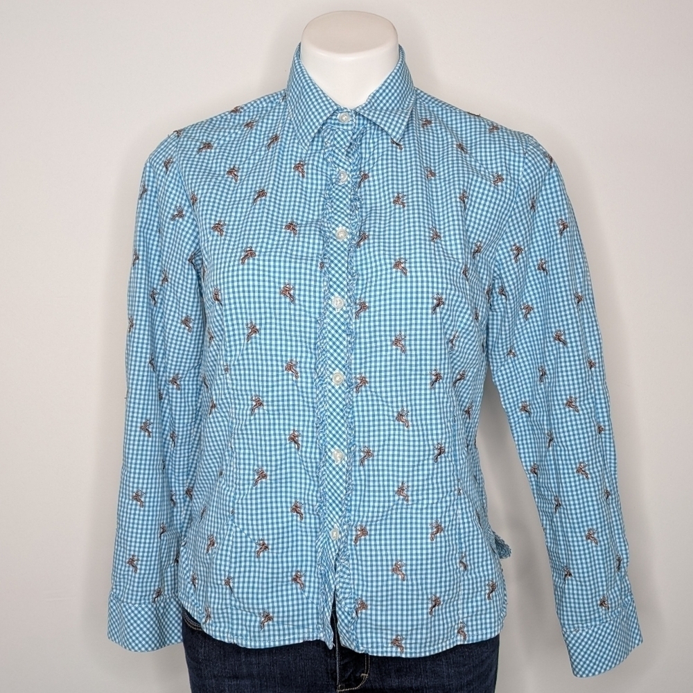 ✨3/$15 Alpin Blue Brown Reindeer Holiday Winter Long Sleeve Cotton Button Up M